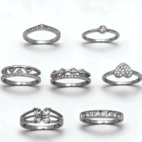 Alloy Geometric Ring Set With Heart And Butterfly Designs Polished Finish And Sparkling Diamond Details For Layered Fashion Styling