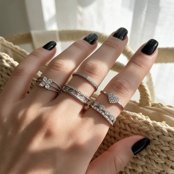 Alloy Geometric Ring Set With Heart And Butterfly Designs Polished Finish And Sparkling Diamond Details For Layered Fashion Styling