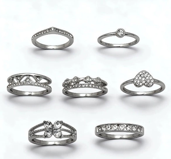 Alloy Geometric Ring Set With Heart And Butterfly Designs Polished Finish And Sparkling Diamond Details For Layered Fashion Styling