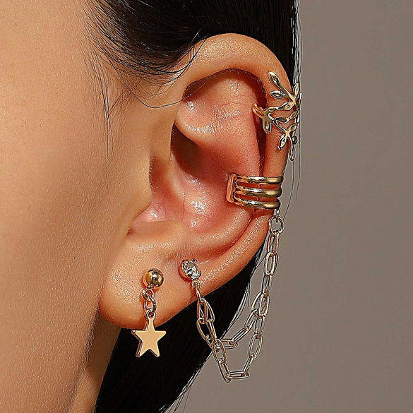 Alloy Geometric Round Star Long Chain Electroplated Women's Ear Clip Earrings