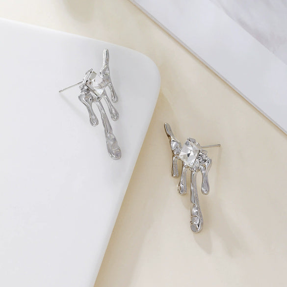 Alloy Geometric Square Diamond Dripping Wax Earrings Electroplating Women's Highend Cold Style