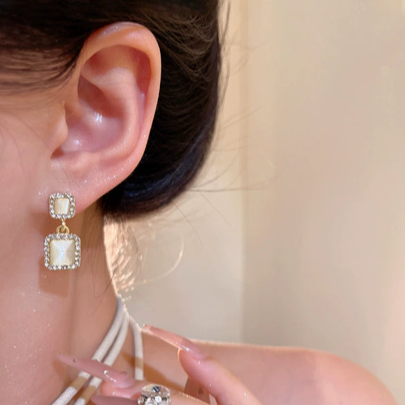Alloy Geometric Square Earrings For Women With Cat's Eye Stone And Sparkling Diamond Electroplated Light Luxury Highend