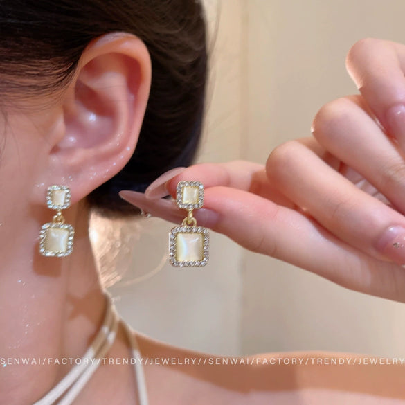 Alloy Geometric Square Earrings For Women With Cat's Eye Stone And Sparkling Diamond Electroplated Light Luxury Highend