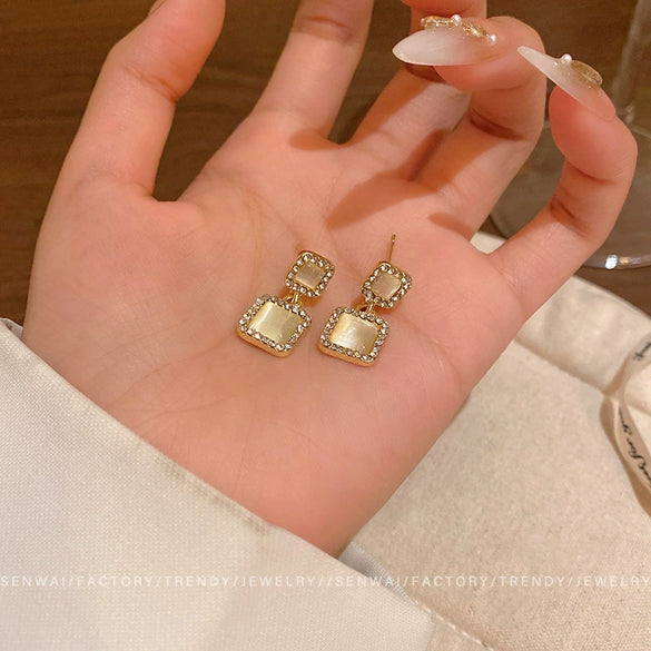 Alloy Geometric Square Earrings For Women With Cat's Eye Stone And Sparkling Diamond Electroplated Light Luxury Highend