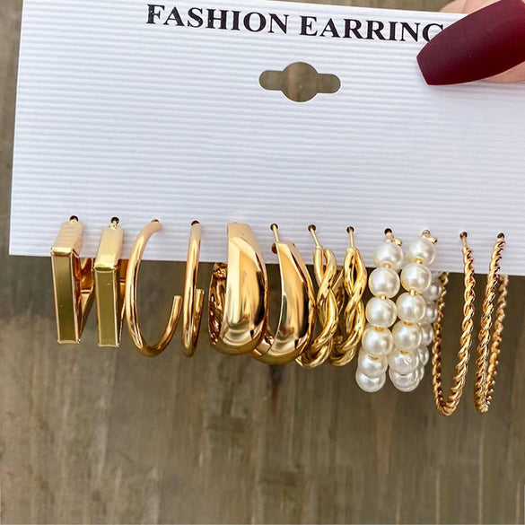 Alloy Geometric Square Earrings Set With Electroplating Simple Retro Pearl Style For Women