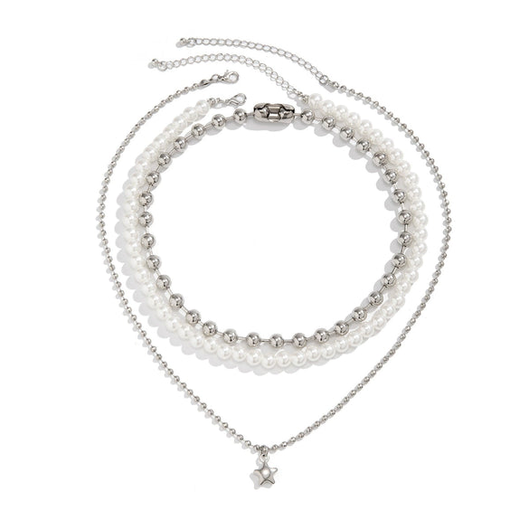 Alloy Geometric Style Imitation Pearl Necklace With Star Pendant And Electroplating