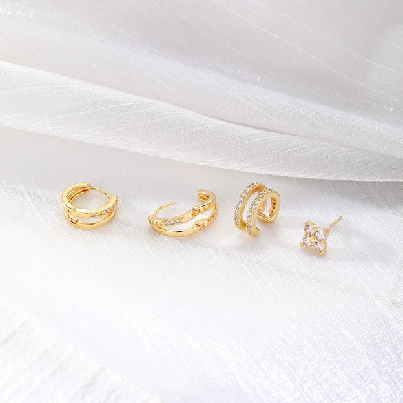 Alloy Geometric Style Zircon Earrings And Ear Bone Clip Set For Women With Diamond Design And Light Luxury Style