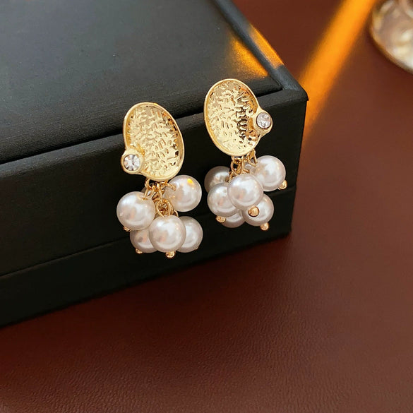 Alloy Geometric Tassel Pearl Earrings Set With Diamonds For Women Real Gold Electroplated Highend