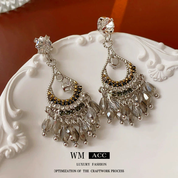 Alloy Geometric Water Drop Hollow Tassel Earrings Retro Style Electroplating For Women