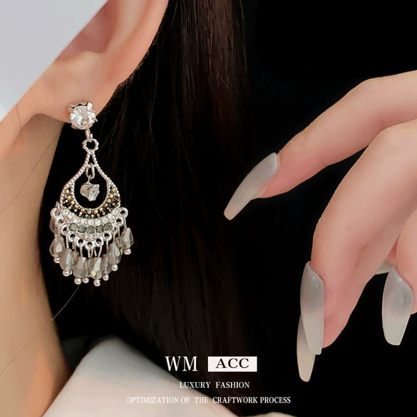 Alloy Geometric Water Drop Hollow Tassel Earrings Retro Style Electroplating For Women