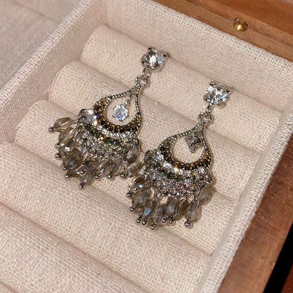 Alloy Geometric Water Drop Hollow Tassel Earrings Retro Style Electroplating For Women