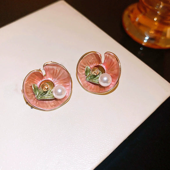 Alloy Geometric Women's Earrings With Oil Drop And Flower Design Light Luxury Style