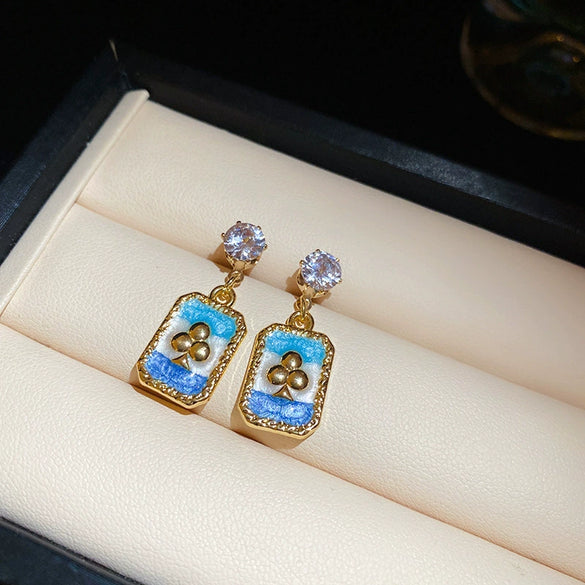 Alloy Geometric Women's Earrings With Oil Drop And Flower Design Light Luxury Style