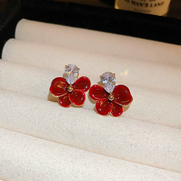Alloy Geometric Women's Earrings With Oil Drop And Flower Design Light Luxury Style