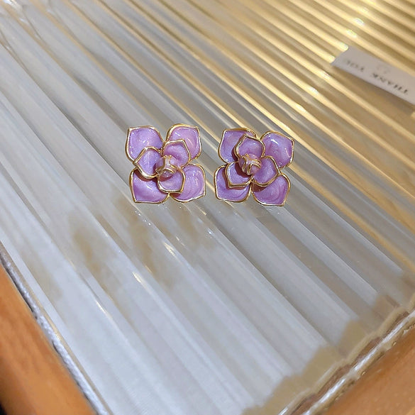 Alloy Geometric Women's Earrings With Oil Drop And Flower Design Light Luxury Style