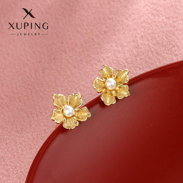 Alloy Gold Plated Imitation Pearl Flower Earrings For Women French Retro Style
