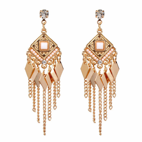 Alloy Gold Plated Women's Bohemian Style Water Drops Tassel And Crescent Earrings