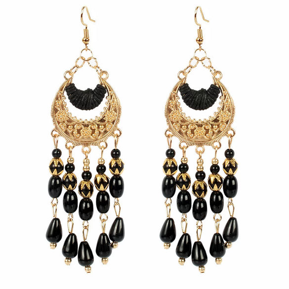 Alloy Gold Plated Women's Bohemian Style Water Drops Tassel And Crescent Earrings
