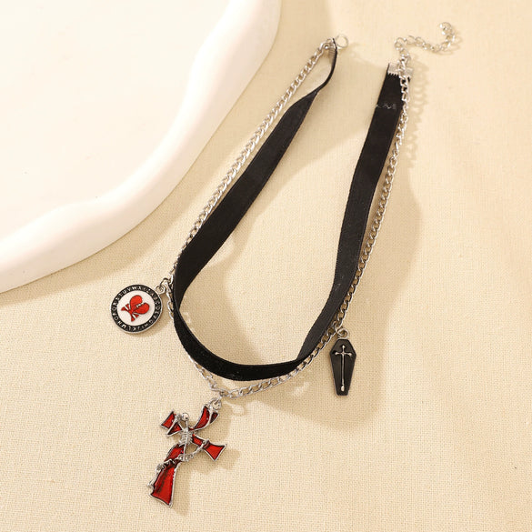 Alloy Gothic Skull Cross Pendant Double Layer Women's Necklace With Geometric Pattern And Electroplating