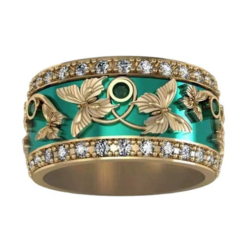 Alloy Green Butterfly Inlaid Zircon Electroplated Women's Ring