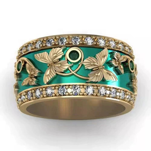 Alloy Green Butterfly Inlaid Zircon Electroplated Women's Ring