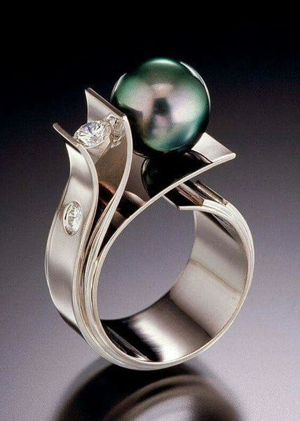 Alloy Green Shell Pearl Ring With Geometric Pattern And Diamond For Women