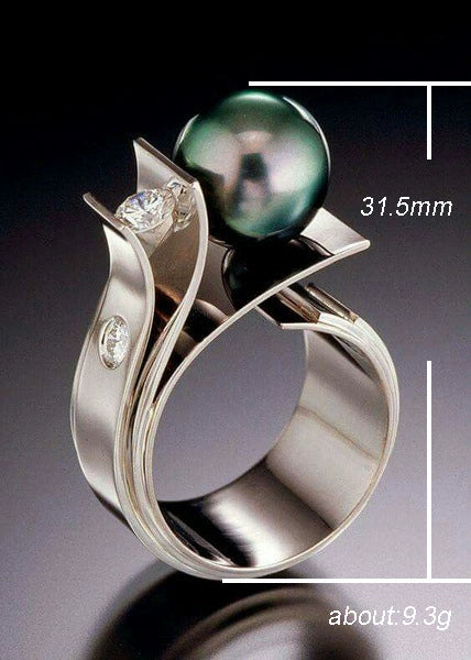 Alloy Green Shell Pearl Ring With Geometric Pattern And Diamond For Women