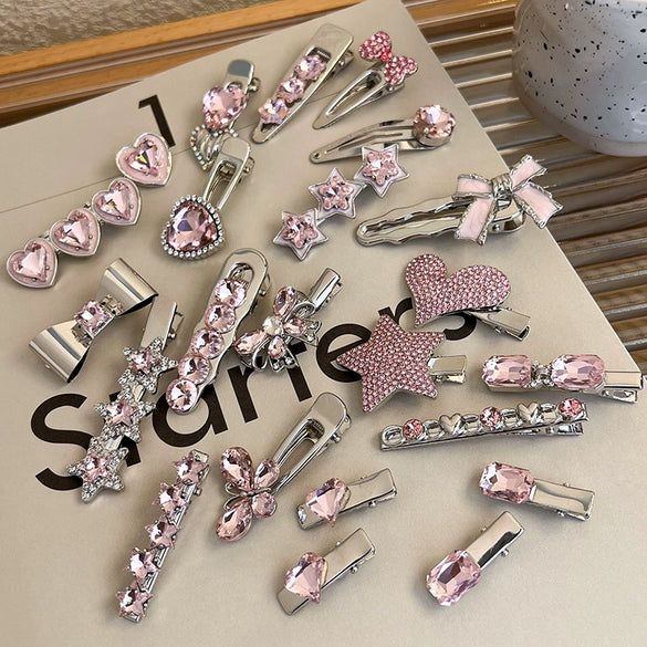 Alloy Hairpin With Rhinestone For Women Pink Love Style Duckbill Clip