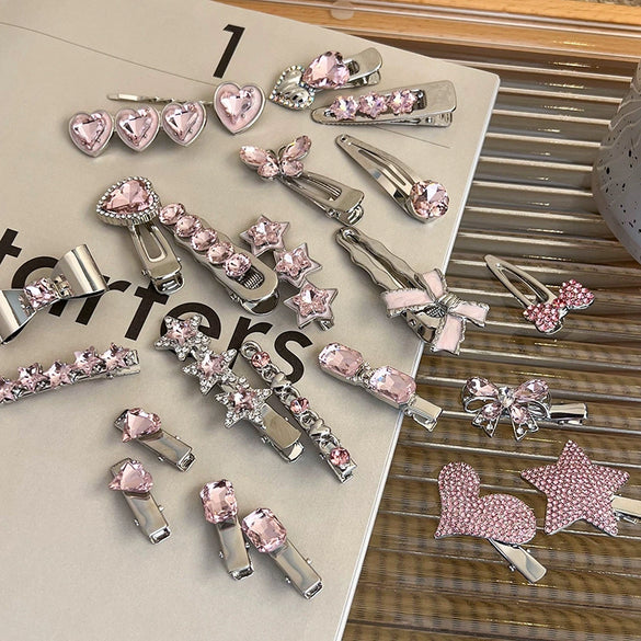 Alloy Hairpin With Rhinestone For Women Pink Love Style Duckbill Clip