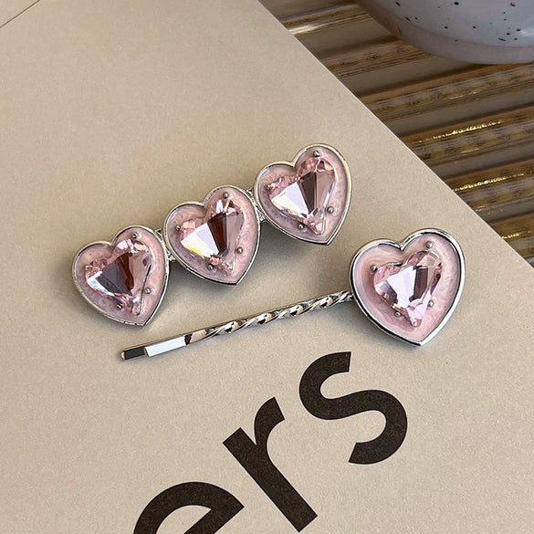 Alloy Hairpin With Rhinestone For Women Pink Love Style Duckbill Clip