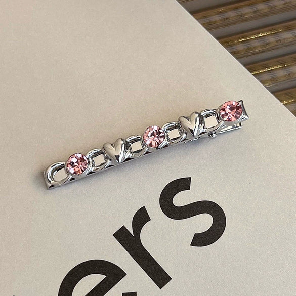 Alloy Hairpin With Rhinestone For Women Pink Love Style Duckbill Clip
