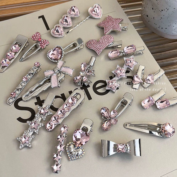Alloy Hairpin With Rhinestone For Women Pink Love Style Duckbill Clip