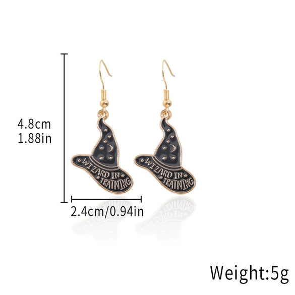 Alloy Halloween Earrings With Geometric Pattern Spider Spider Web Wizard Hat Black Cat Eye Beads Demon Witch Electroplated For Women