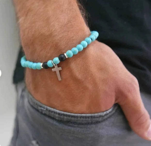 Alloy Handmade Bohemian Geometric Turquoise Beaded Cross Pendant Unisex Bracelet
