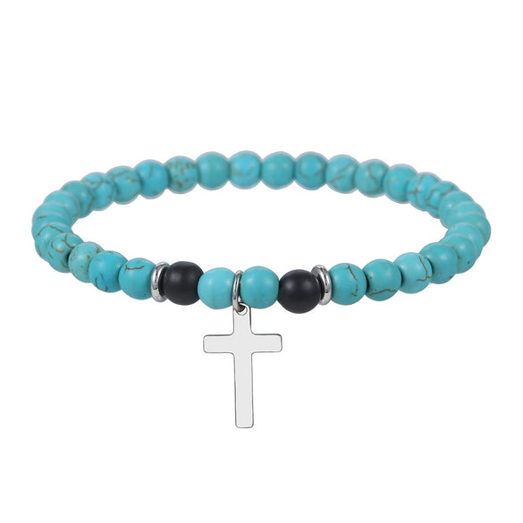 Alloy Handmade Bohemian Geometric Turquoise Beaded Cross Pendant Unisex Bracelet
