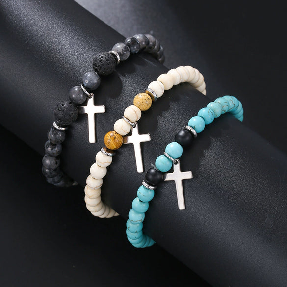 Alloy Handmade Bohemian Geometric Turquoise Beaded Cross Pendant Unisex Bracelet