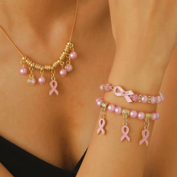 Alloy Handmade Fashion Geometric Unisex And Women's Breast Cancer And Aids Prevention Jewelry Necklace And Bracelet
