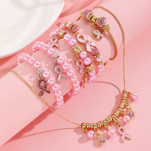 Alloy Handmade Fashion Geometric Unisex And Women's Breast Cancer And Aids Prevention Jewelry Necklace And Bracelet