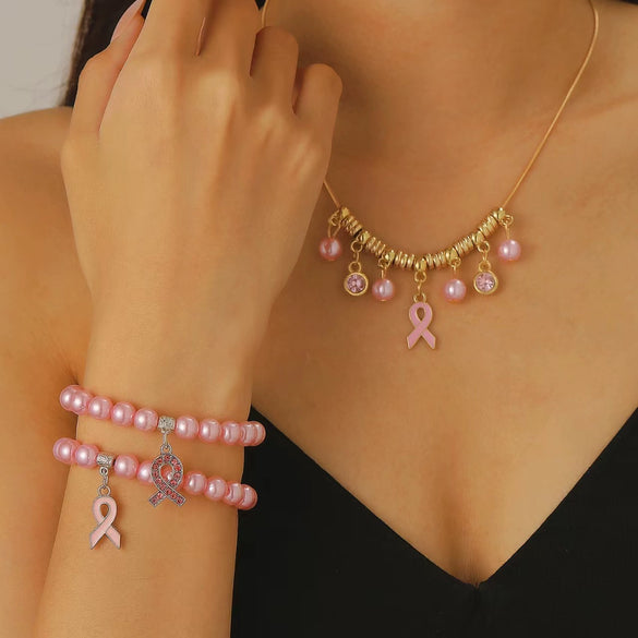 Alloy Handmade Fashion Geometric Unisex And Women's Breast Cancer And Aids Prevention Jewelry Necklace And Bracelet