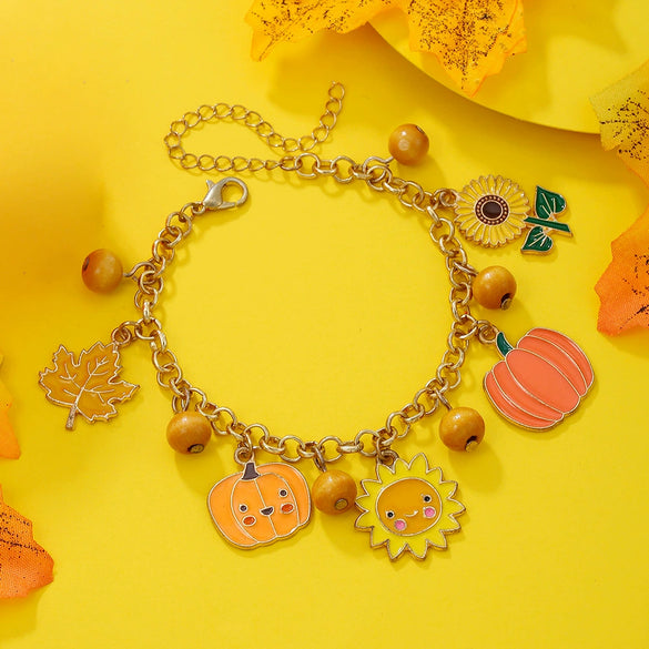 Alloy Handmade Geometric Thanksgiving Bracelet With Maple Leaf Sunflower Elements
