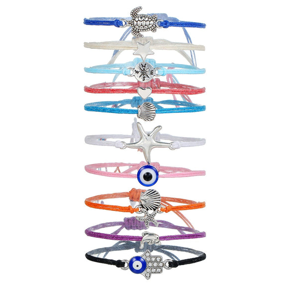Alloy Handmade Heart Shape Turtle Compass Shell Love Starfish Evil Eye Woven Unisex Anklet Bracelet