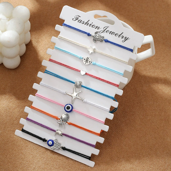 Alloy Handmade Heart Shape Turtle Compass Shell Love Starfish Evil Eye Woven Unisex Anklet Bracelet