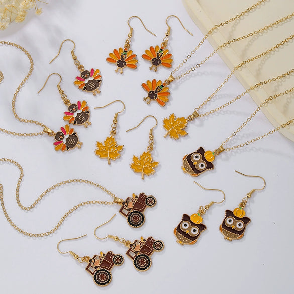 Alloy Handmade Jewelry Set With Maple Leaf Sunflower Owl Patterns For Women Earrings And Necklace