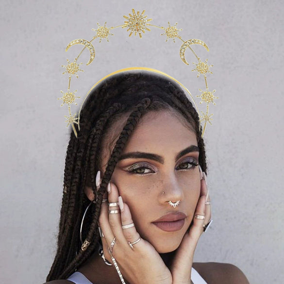 Alloy Handmade Women's Double Head Hoop Hairband With Six Point Star And Moon Design Baroque Style