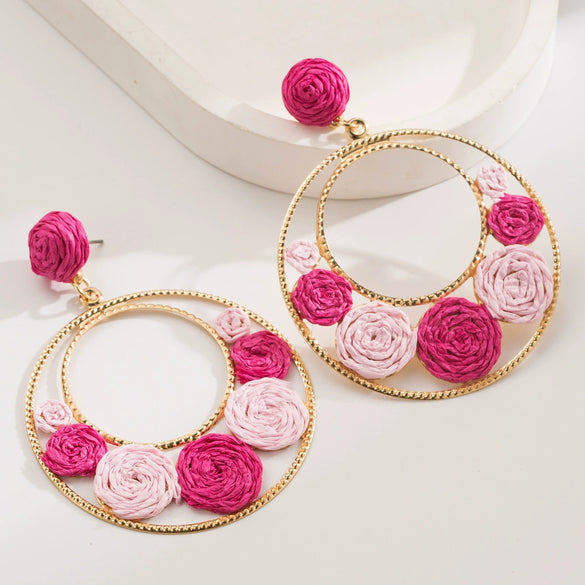 Alloy Handwoven Raffia Flower Earrings For Women Bohemian Style