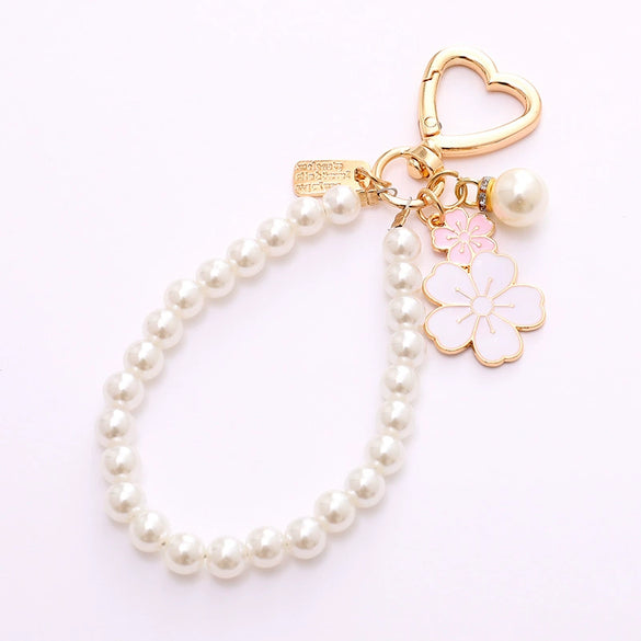 Alloy Heart Buckle Pearl Chain Mobile Phone Pendant With Dripping Oil Flower Design Also For Bag And Keychain
