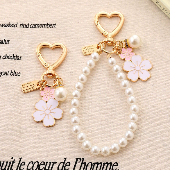 Alloy Heart Buckle Pearl Chain Mobile Phone Pendant With Dripping Oil Flower Design Also For Bag And Keychain