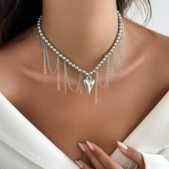 Alloy Heart Geometric Clavicle Chain Tassel Necklace For Women With Electroplating