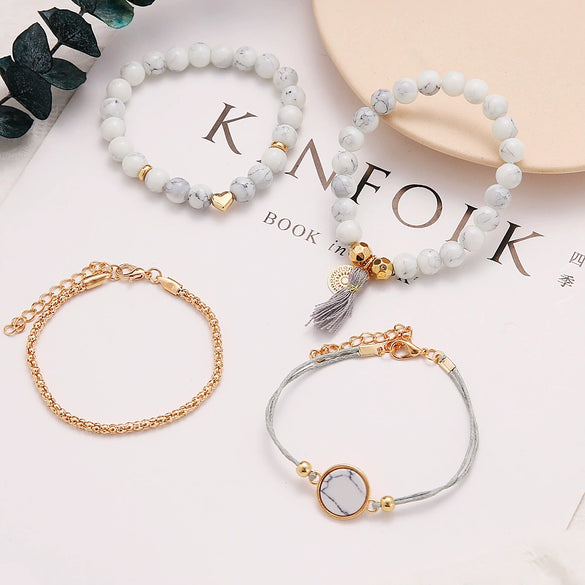 Alloy Heart Pattern Electroplating Tassel Round Stone Bracelet Set For Unisex