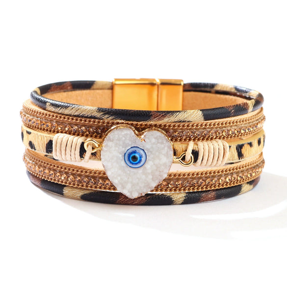 Alloy Heart Pattern Microinlay Unisex Magnetic Bracelet With Rhinestones And Pu Artificial Leather